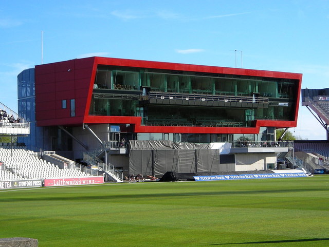 Emirates Old Trafford cricket ground in Stretford, Manchester — showing the integrated Hilton hotel stand and playing surface